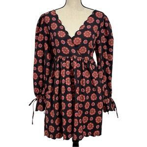 ASOS Design Twill Scallop Babydoll Dress mini in Retro Floral Print size 12